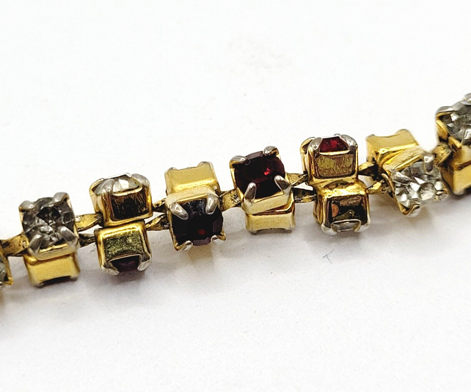 Unique Slightly Brutalist Style Gold Plated Bracelet Red White Rhinestone 7.5 In