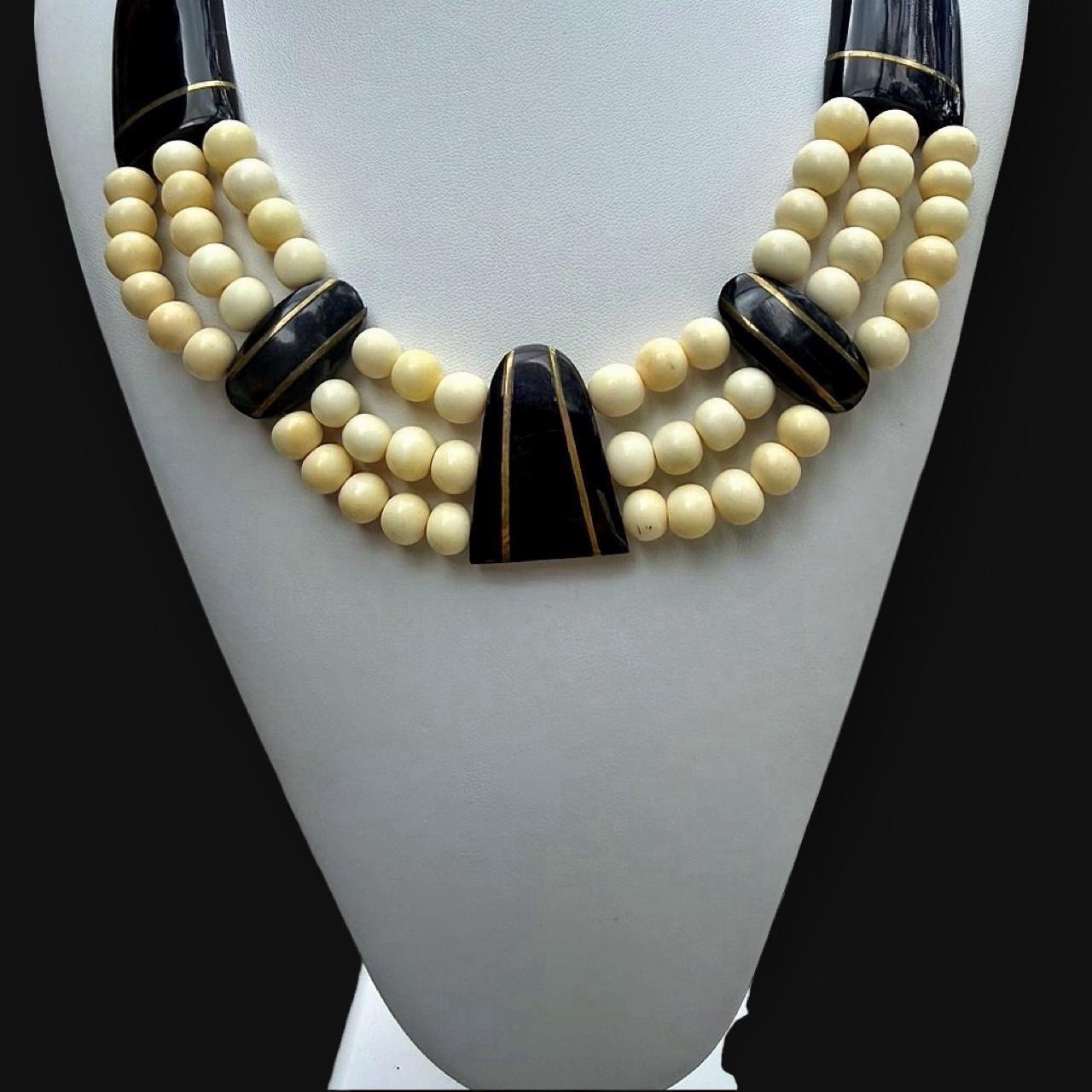 Art Deco Resin Bib Necklace Multi Strand Black Cream Bead Statement