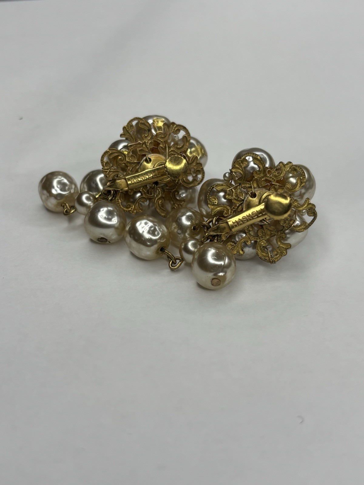 Miriam Haskell Faux Pearl Baroque Dangle Screw Back Clip Gold Tone Earrings