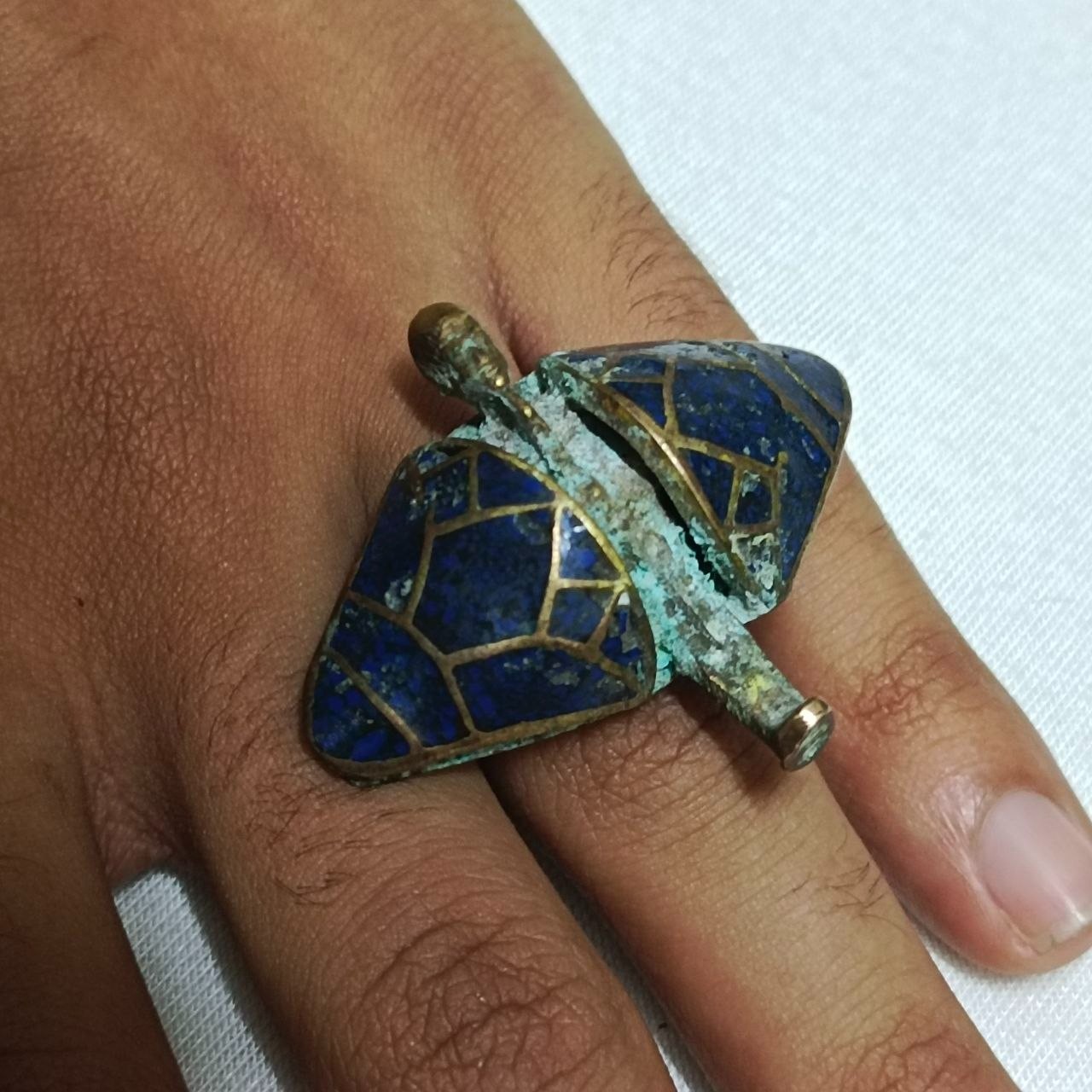 Egyptian Brass Ring Blue Turquoise Cabochon Handmade Vintage Style Jewelry