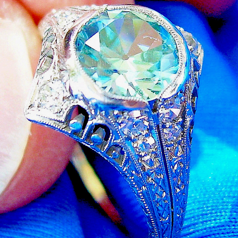 NATURAL EARTH MINED Blue Zircon DIAMOND PLATINUM ORIGINAL DECO Engagement Ring 8
