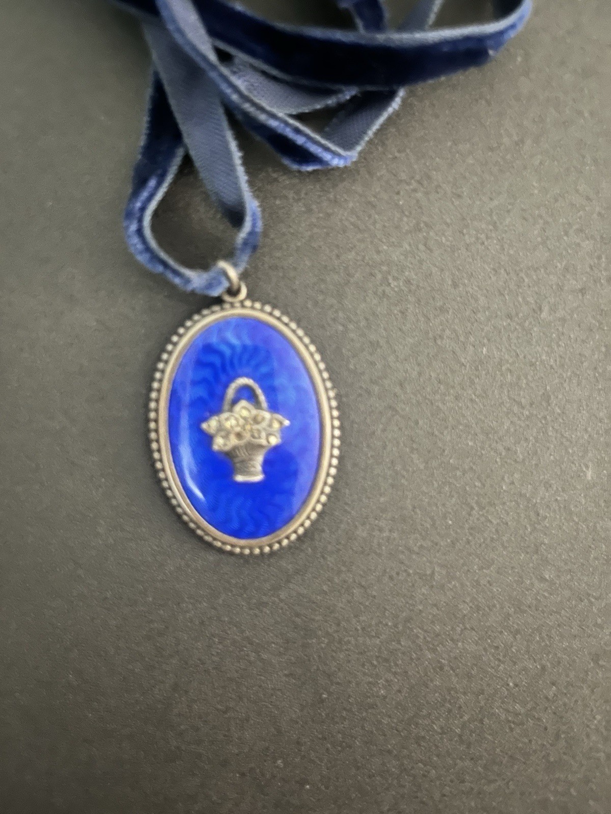 Antique French Victorian Blue Pendant – Velvet Ribbon – Floral Basket Motif