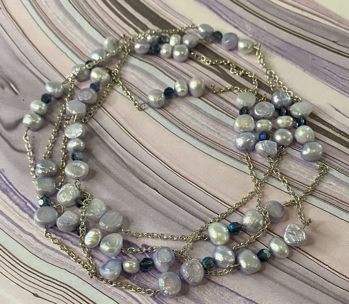 56” Lavender Pearl Silver Tone Chain Necklace With Blue Accent Beads