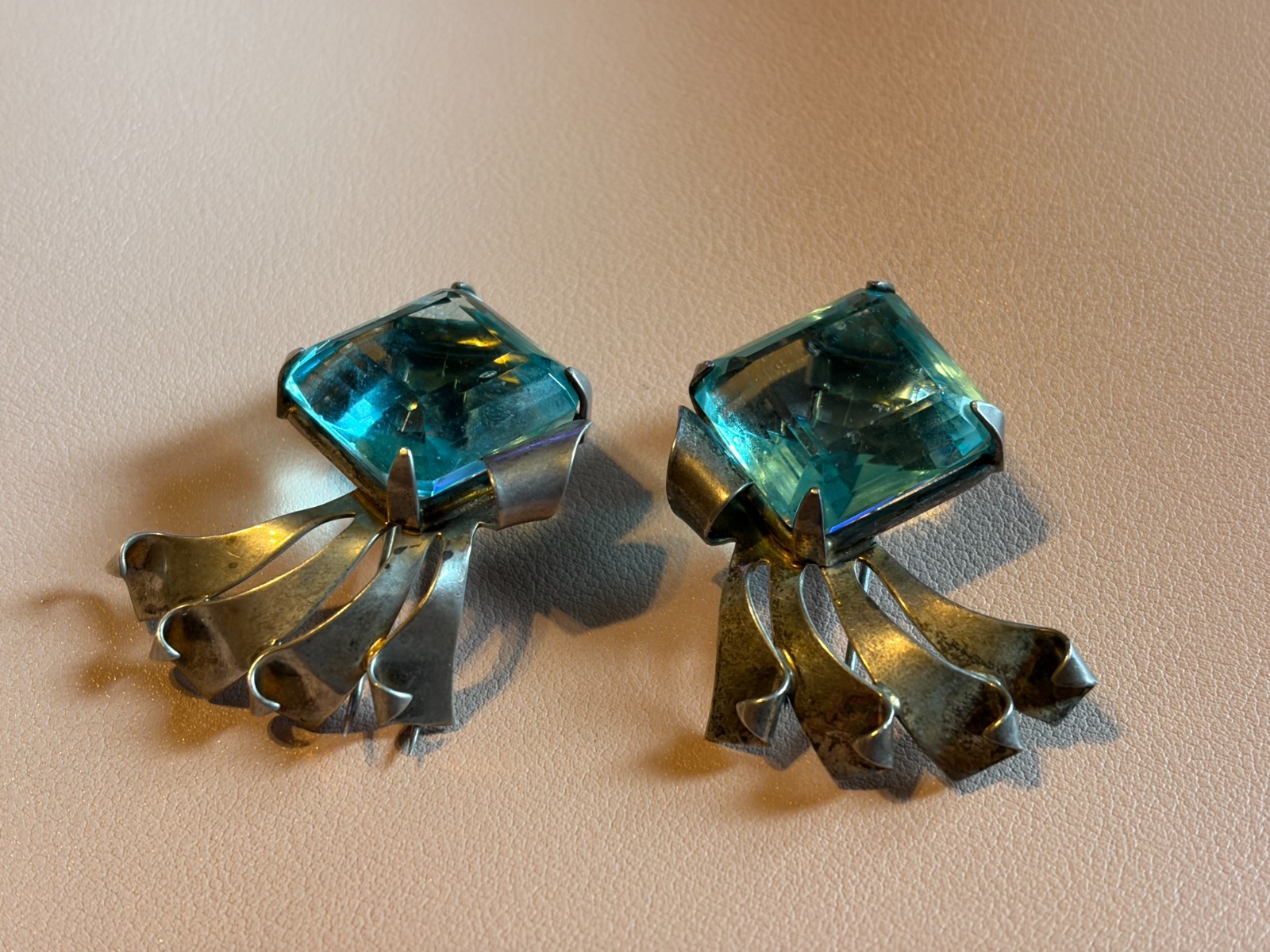 Vintage Art Deco Sterling Silver Emerald Cut Blue Topaz Drop Earrings
