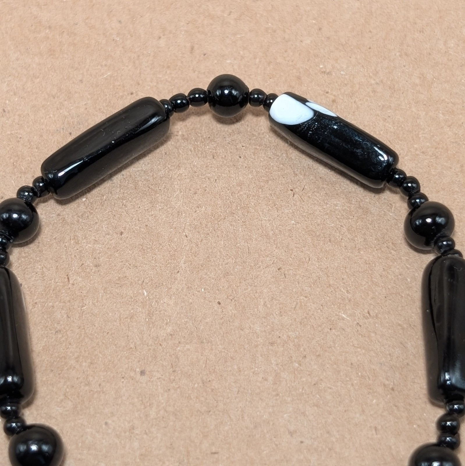Vintage Black White Spotted Czech Lampwork Glass Bead Mid Century Choker 15.5in