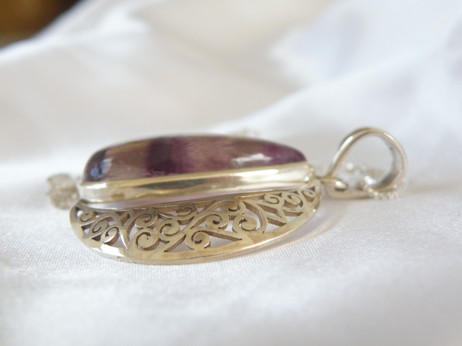Large Sterling Silver 925 Fluorite Crescent Moon Pendant Necklace
