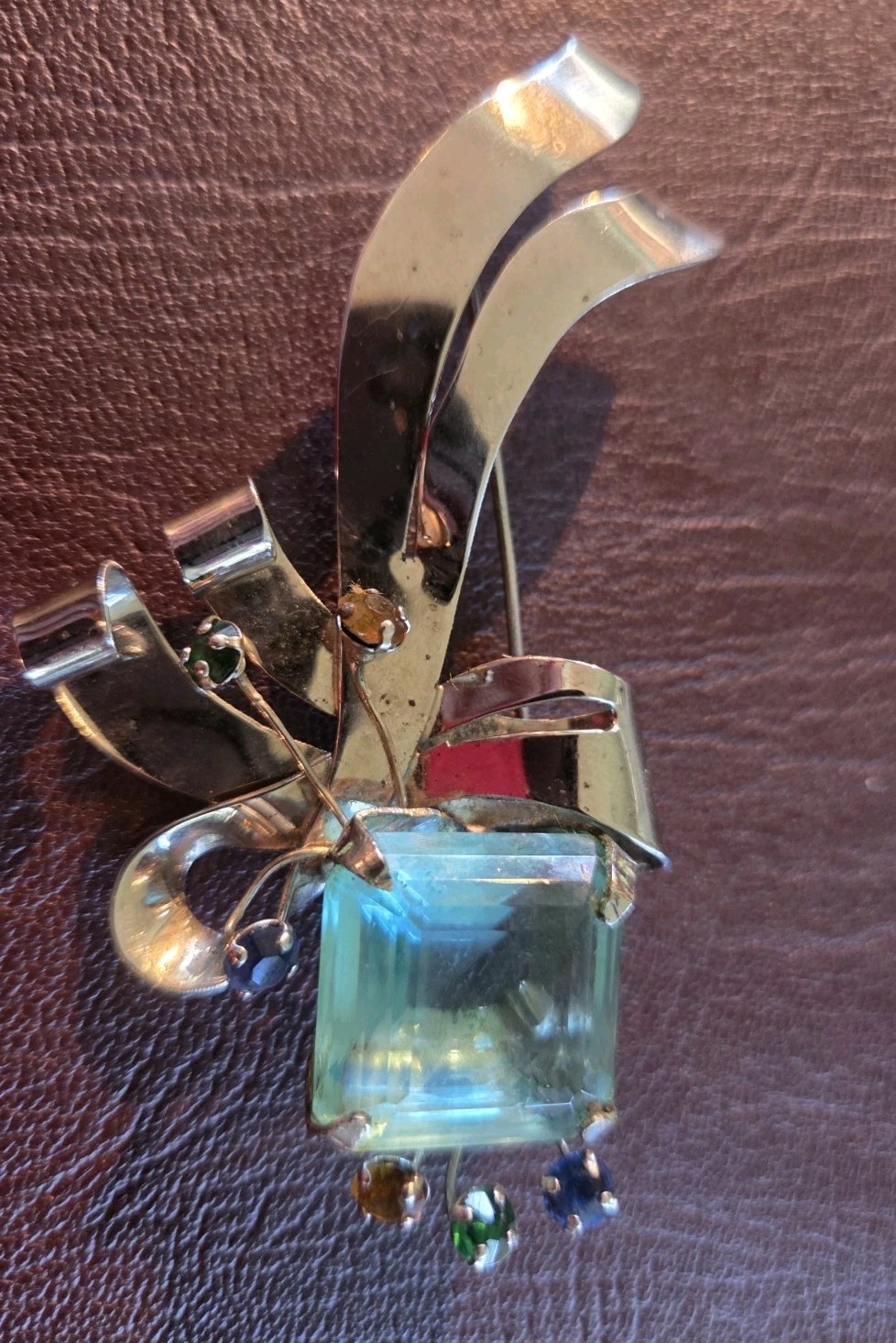 1940s Unsigned Glamourous Sterling Silver 4″ Brooch w/ Large Aqua Stone