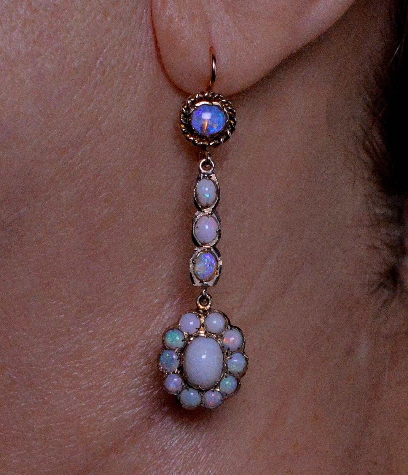 ANTIQUE VICTORIAN 9K GOLD OPAL EARRINGS RING SET C.1890