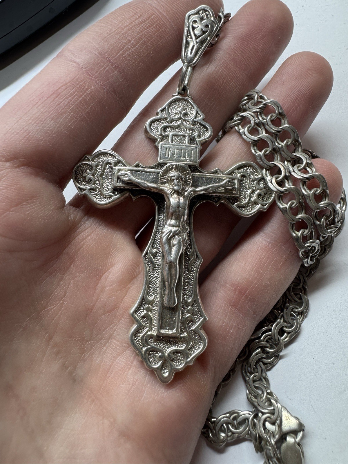 Huge 925 Sterling Silver Orthodox Cross & 25″ Bismarck Chain Set 49g Russia