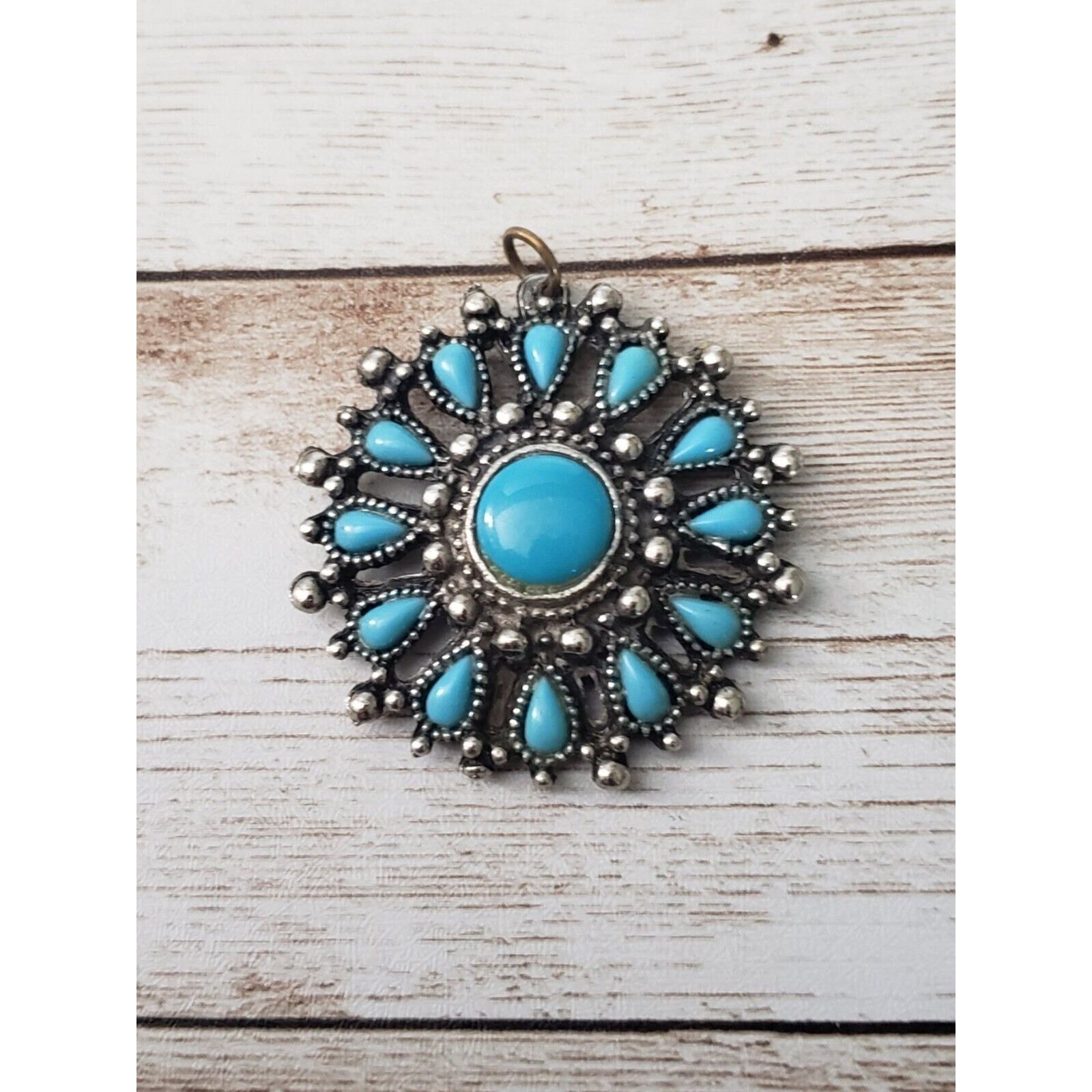 Vintage Pendant Silver Tone & Turquoise Tone 1.5″ – No Chain Included