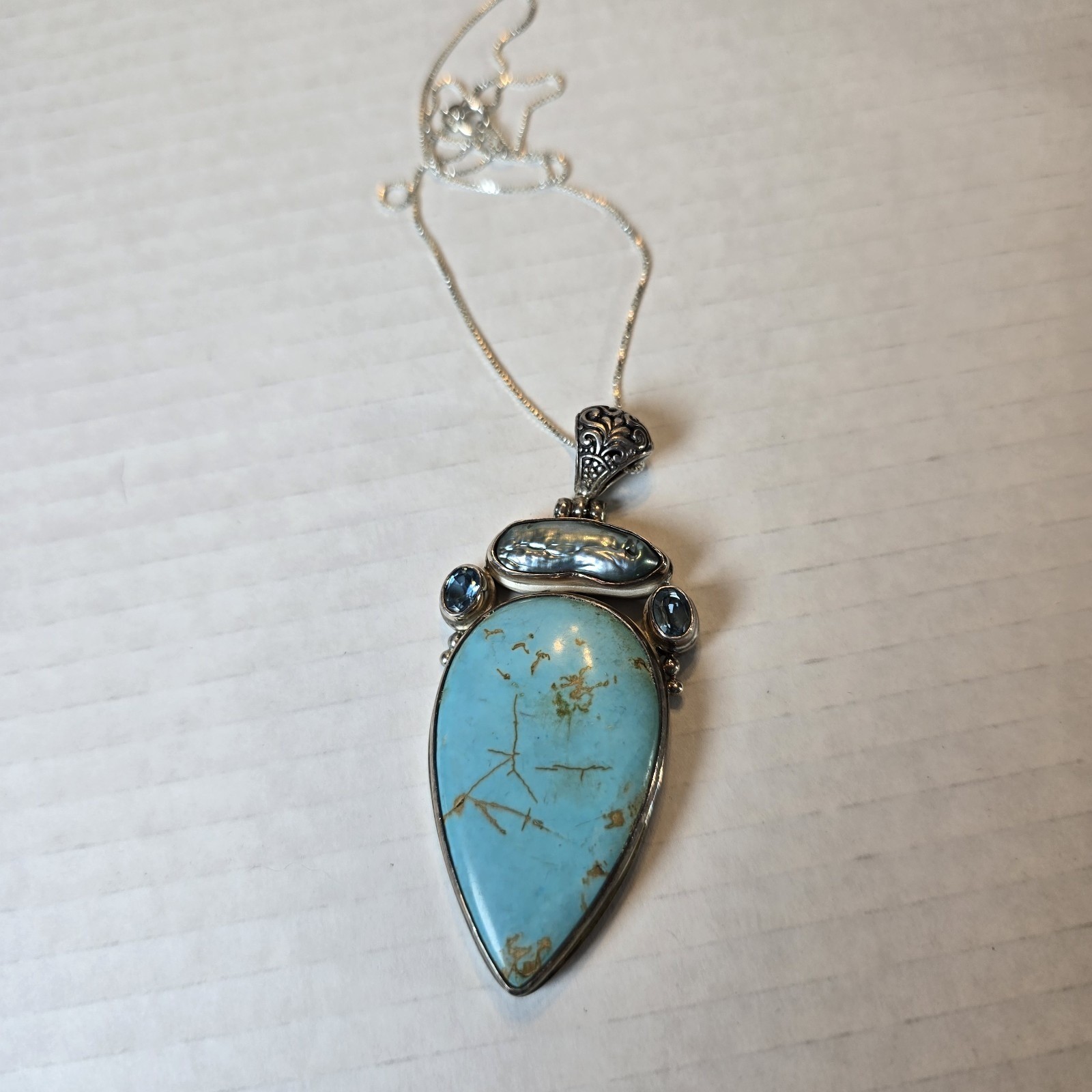Vintage 925 Sterling Silver Pendant Signed AF Design Turquoise, Blister Pearl