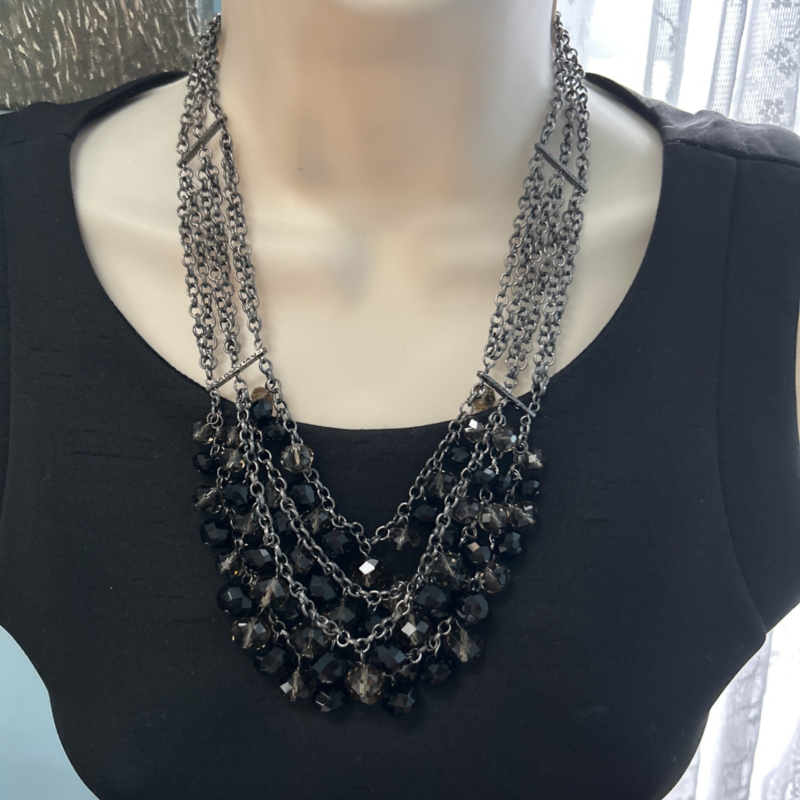 Designer NECKLACE Silver Toned 4 Strands Black/Clear Smokey Shiny Glass Beads