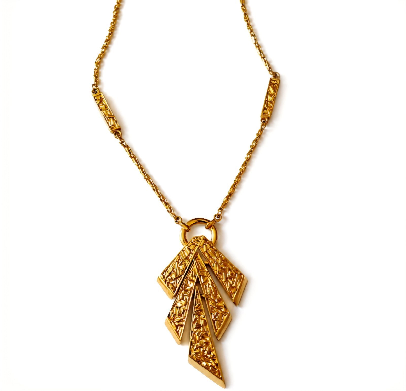 CROWN TRIFARI Signed Vintage Gold Plated Geometric Tassel Y Pendant Necklace
