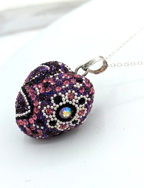 Vintage Heart Pendant Sterling Silver Necklace Pink Purple Crystal Beaded 20 In