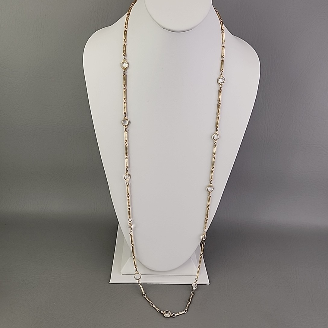 Vintage Open Bezel Necklace Clear Glass Bar Link Gold Tone Spiral 36″