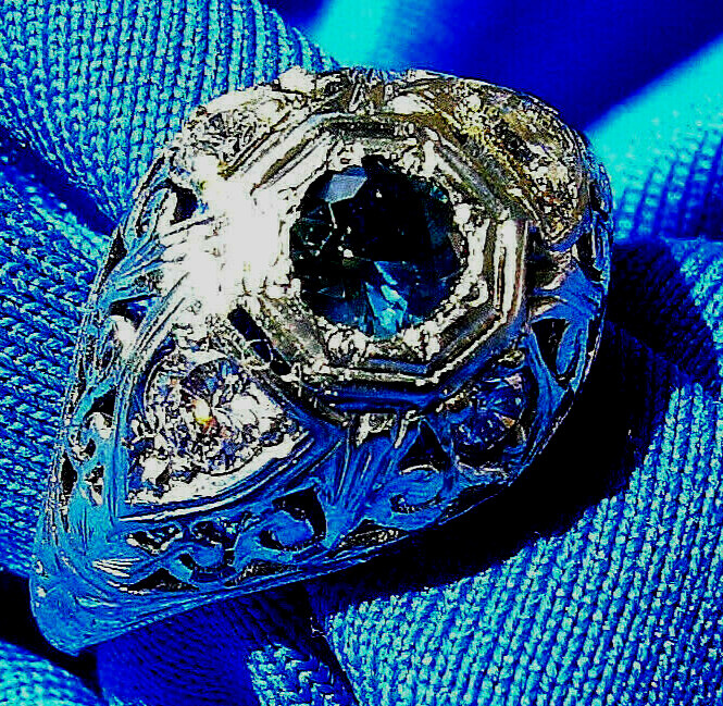 Original EARTH MINED SAPPHIRE DIAMOND Deco Engagement Ring Vintage Solitaire 14K
