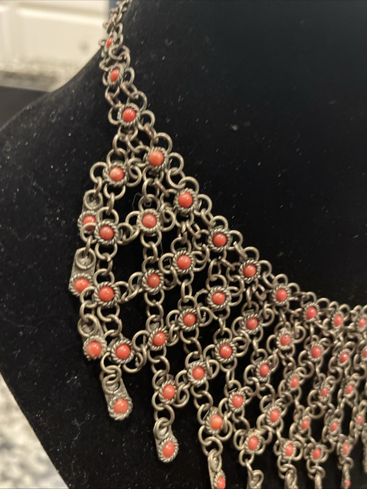 Vintage Chain Link Beaded Collar Necklace 16” With Clasp