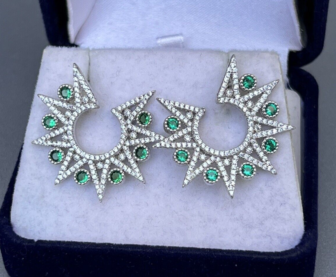 Vtg Sterling Star Point Statement Earrings, Emerald Green & Clear CZ Settings