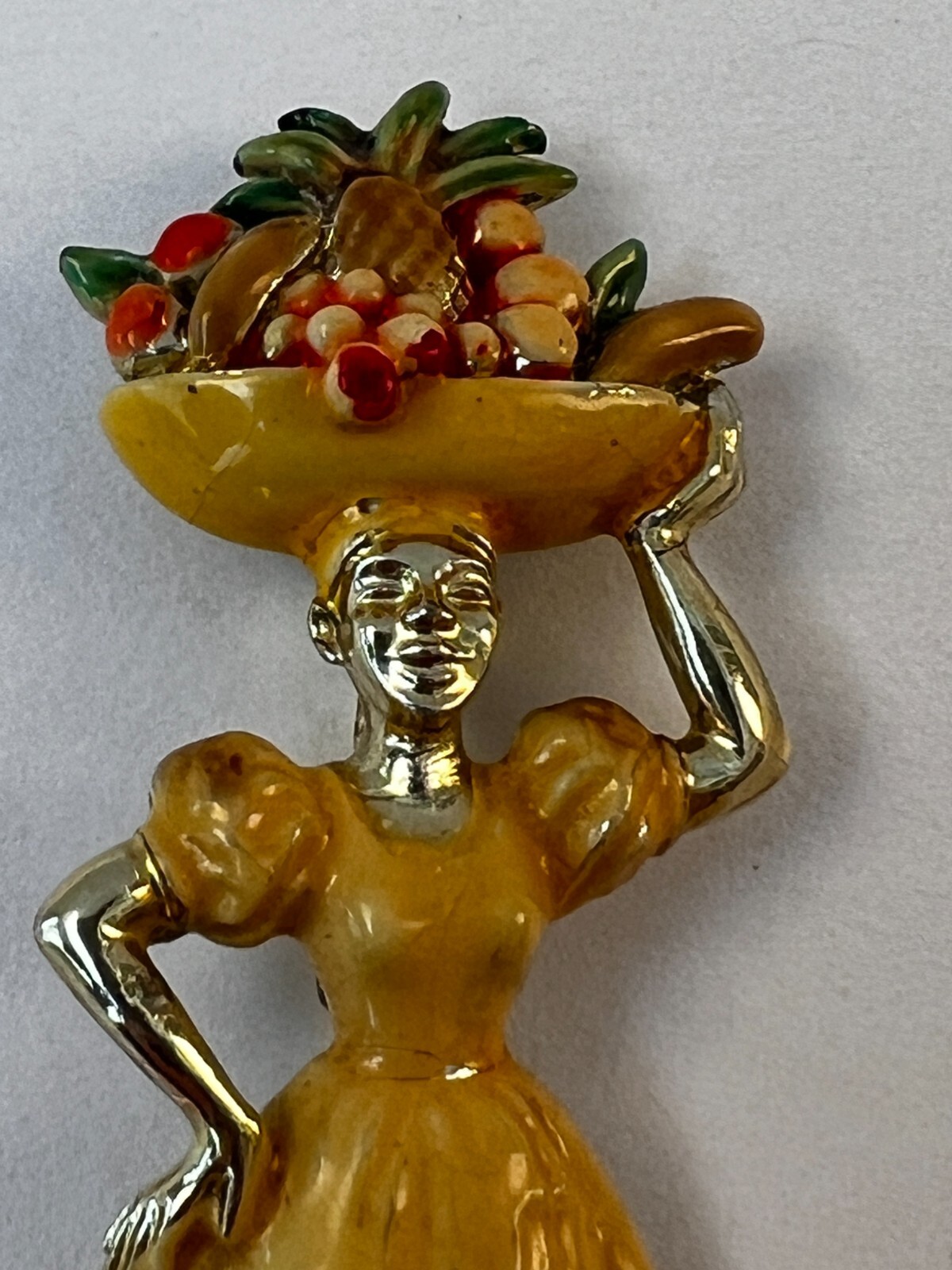 Vintage Brooch Lady Fruit Basket on Head Fruit Seller Enamel Gold Toned 1940s