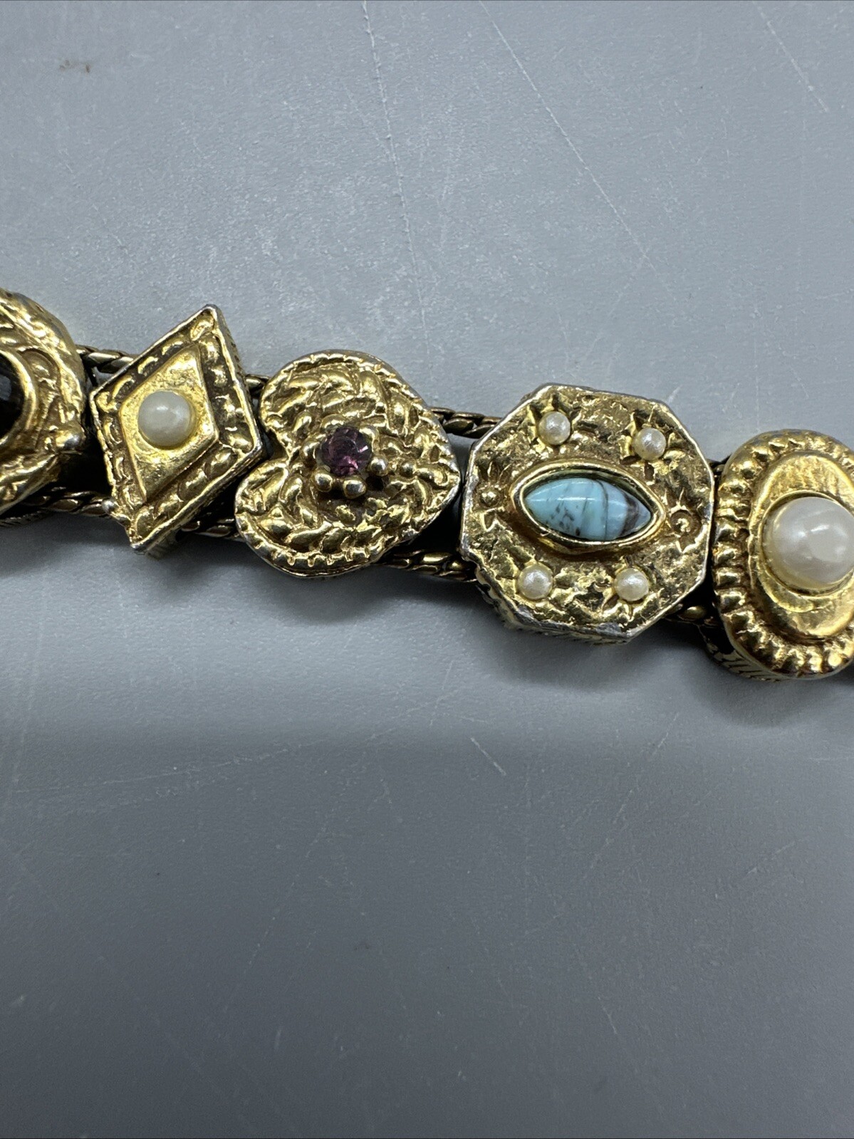 Vintage Signed Goldette NY Multiple Gemstones Safety Chain Slide Charm Bracelet