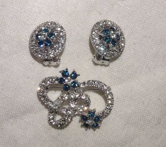 Vintage Blue/White Rhinestone Flower Brooch and Earrings