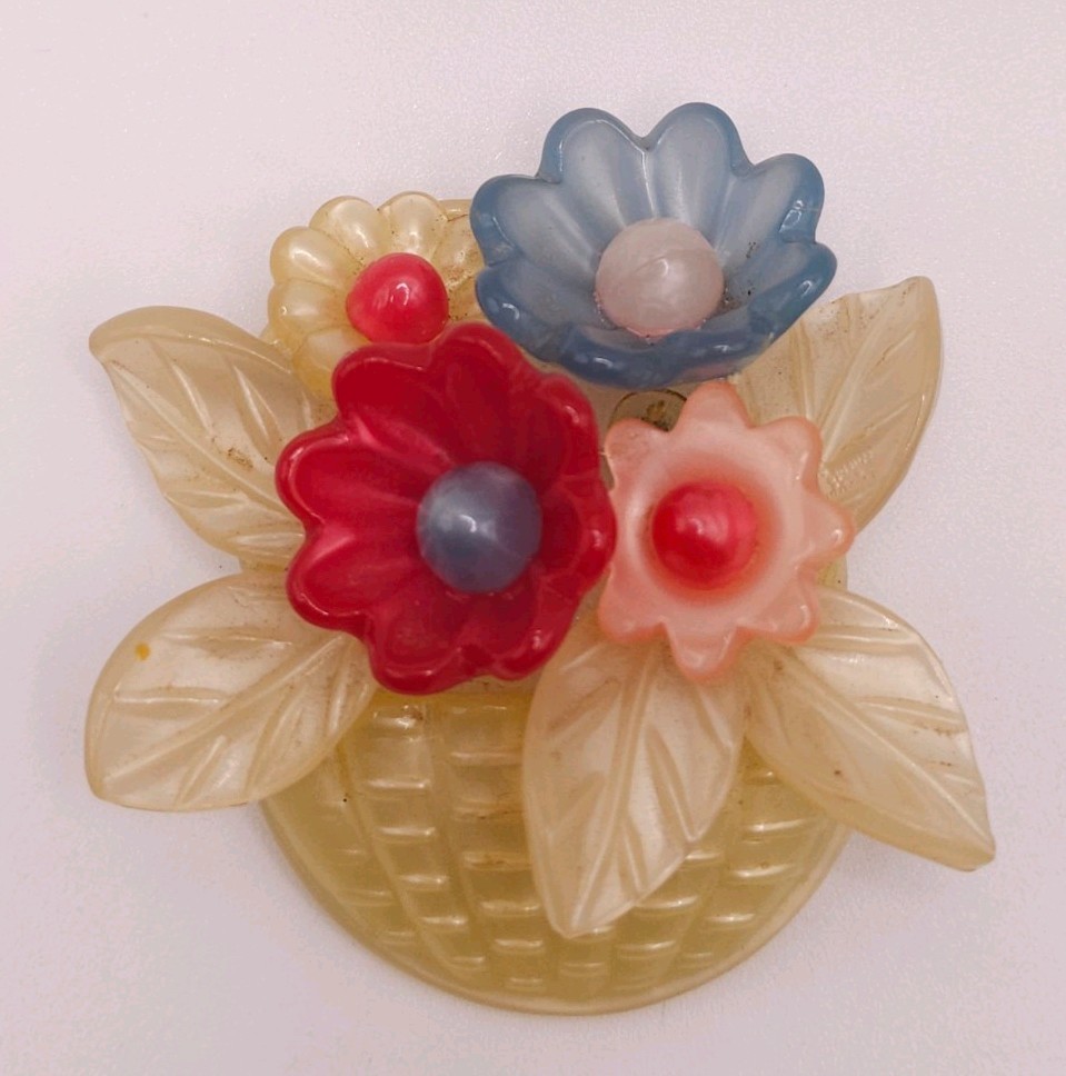 VTG Lucite Plastic Flower Basket Brooch. Colorful Flowers.