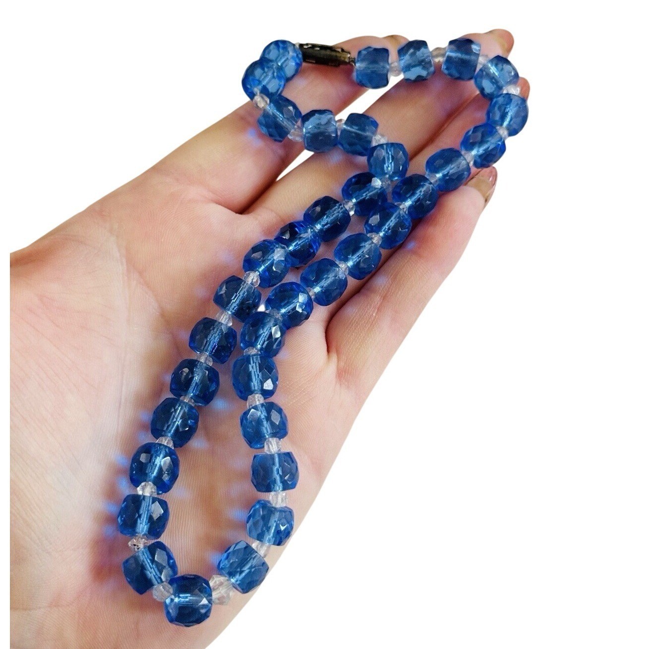 Vtg Czech blue choker Necklace Clear Blue Glass Carved Beaded Art Deco 16″