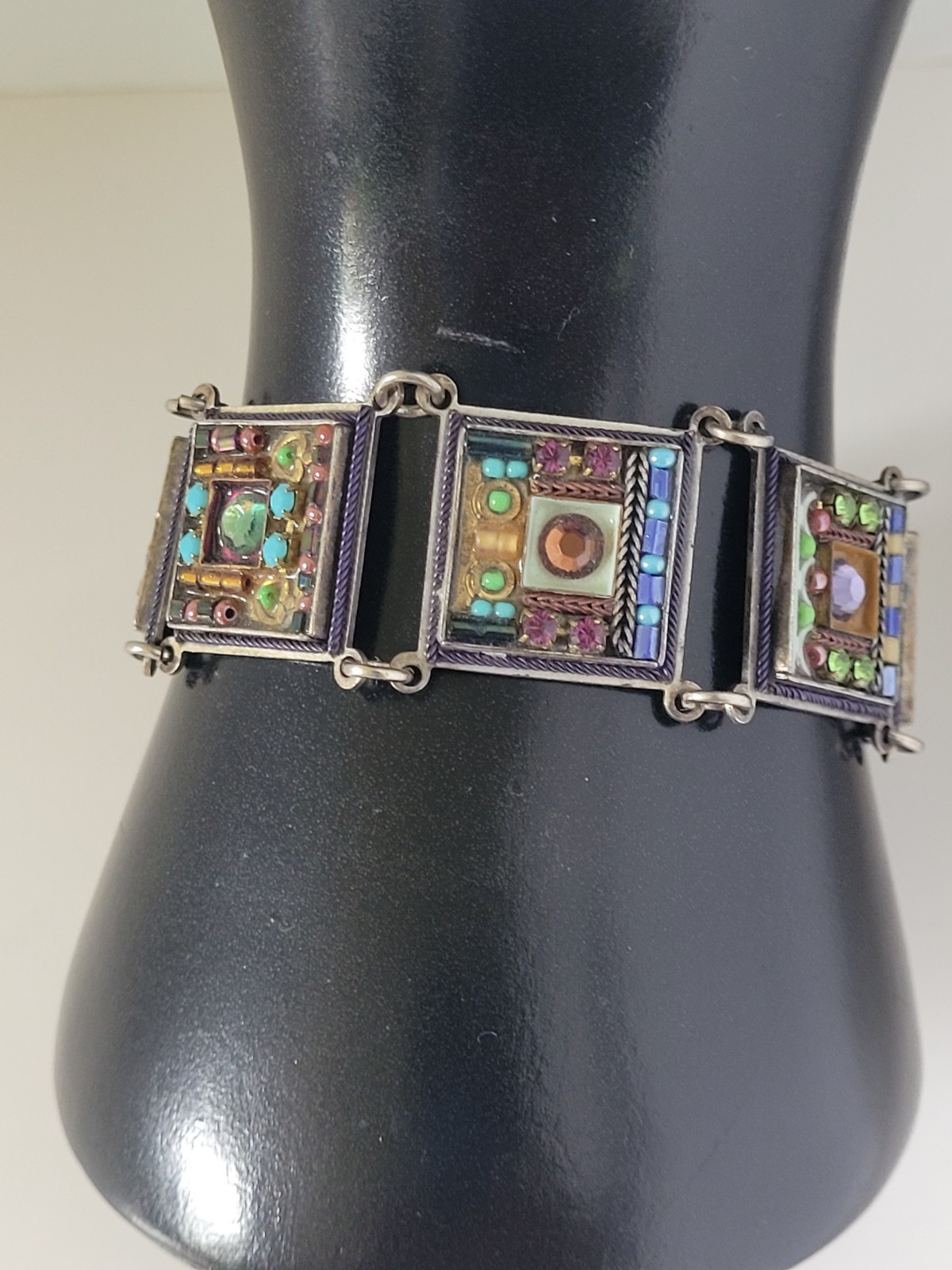 Adaya Colorful Enamel Crystal Panel Bar Link Bracelet 7.5” Israel