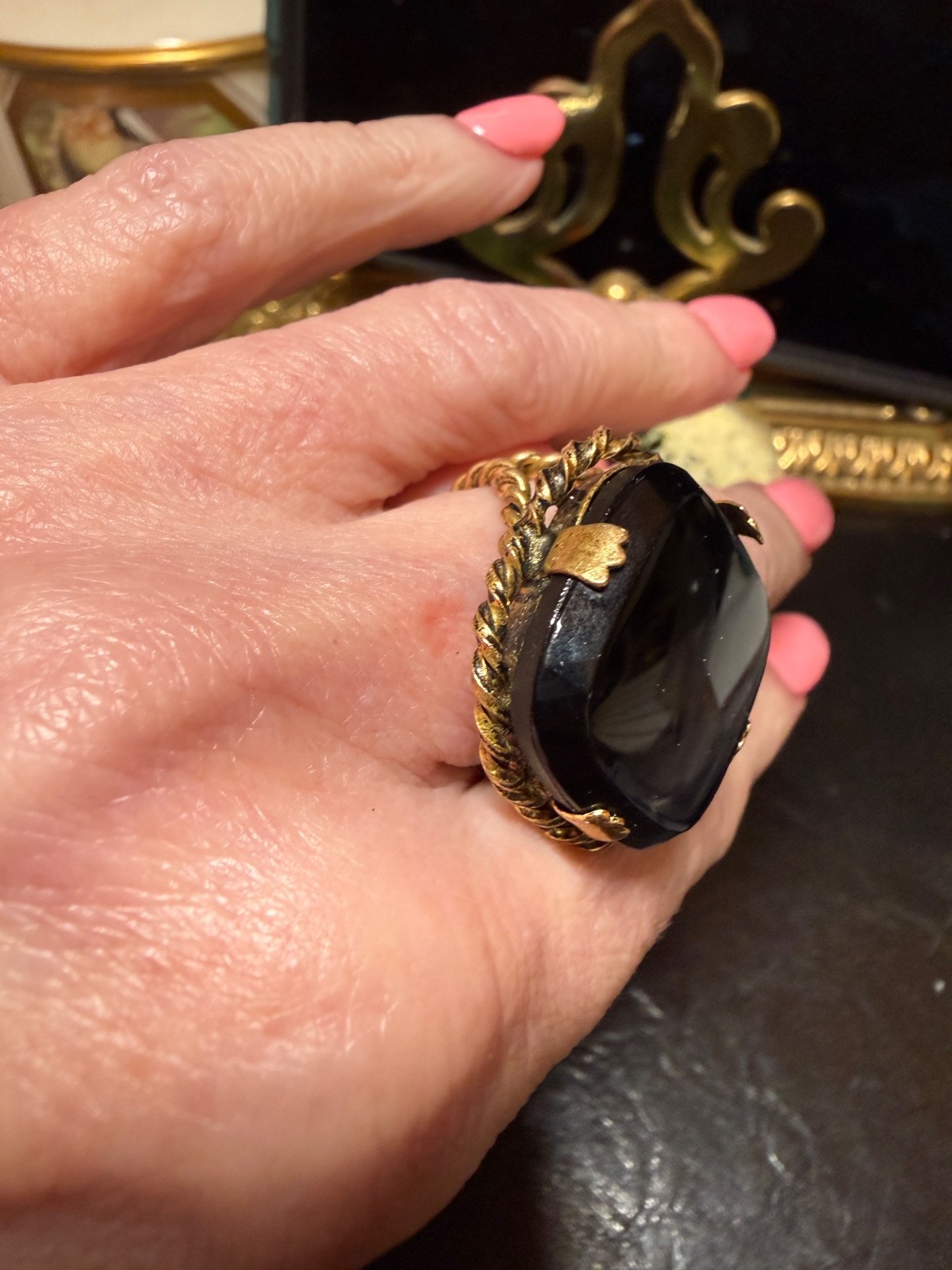 Vintage West Germany Cocktail Ring Black Glass Runway Gold Tone Oversized