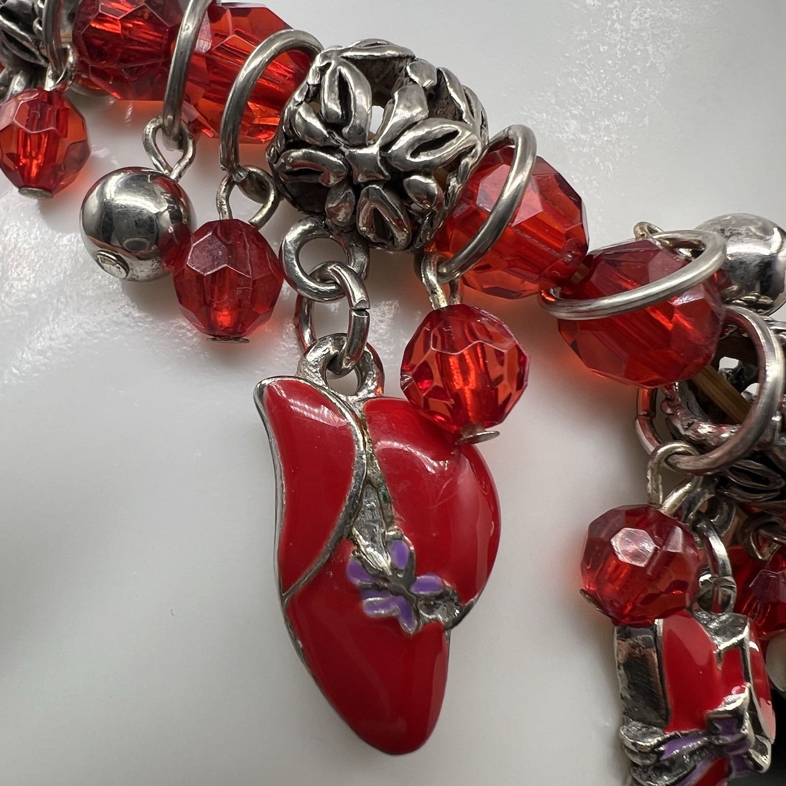 Vintage Dangle Charm Bracelet Red Enamel Hat Charms Filigree Spacer Beads