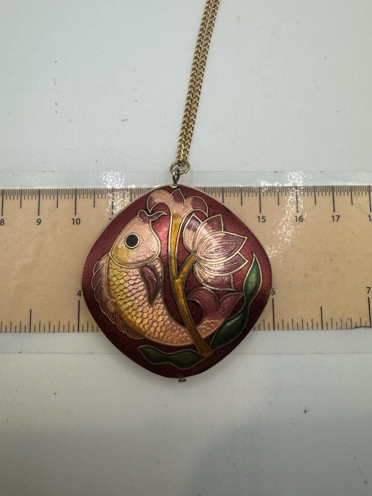24” Gold Tone Chain Traditional Cloisonne Pendent Vintage Floral & Fish Necklace