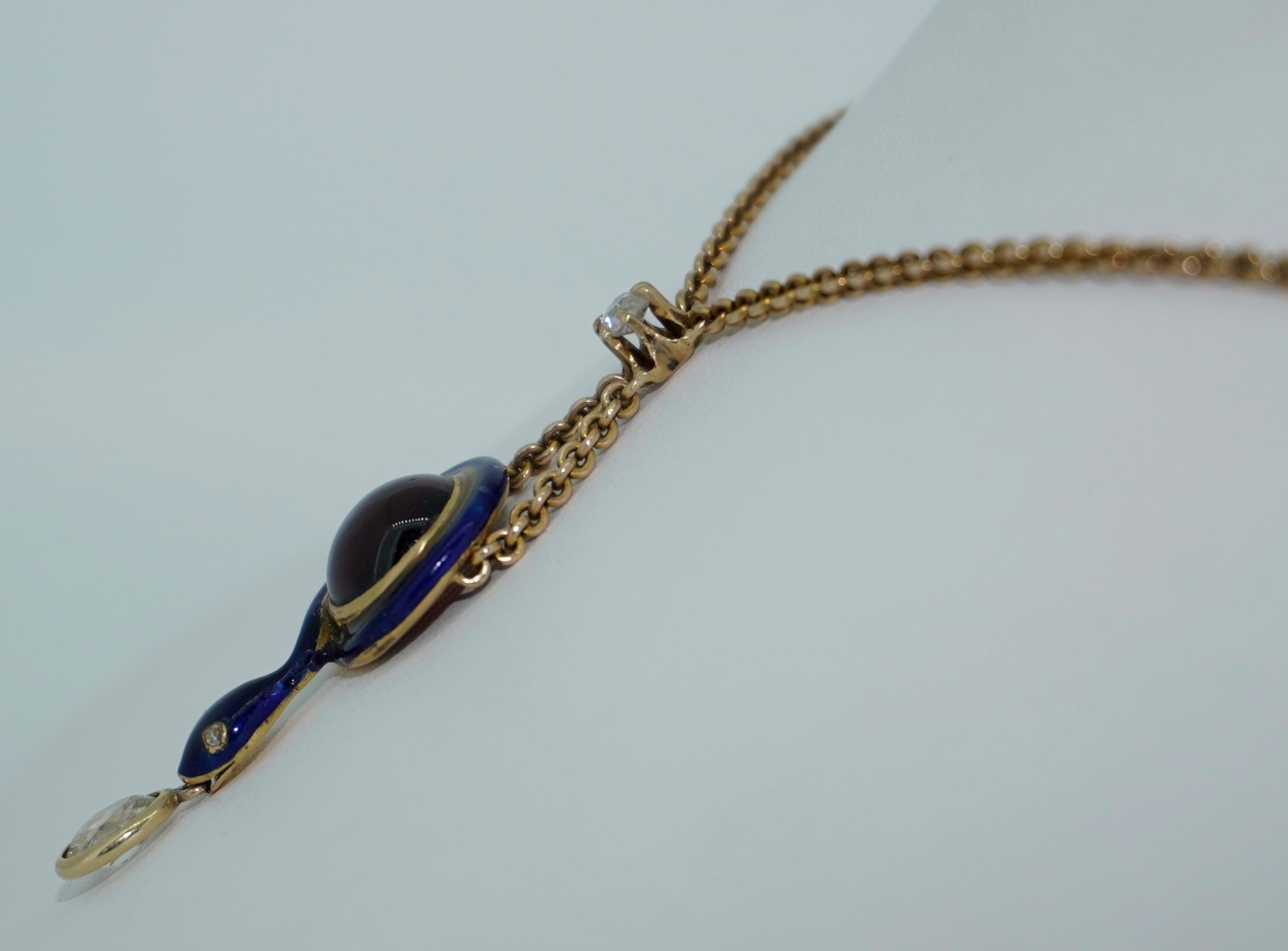 Antique 14K Enamel Snake With Diamonds & Garnet Necklace