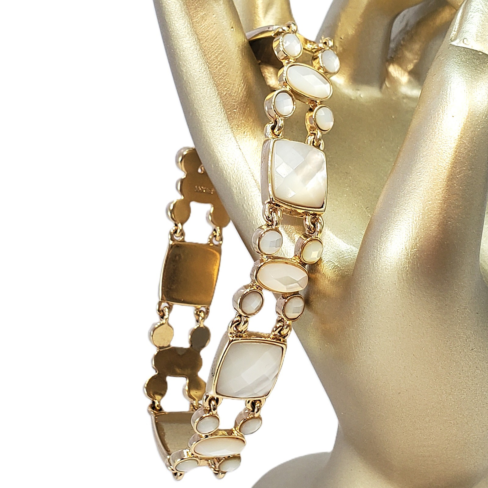 MONET Gold Tone Bracelet with Faux MOP Faceted Glass Cabochons 7″