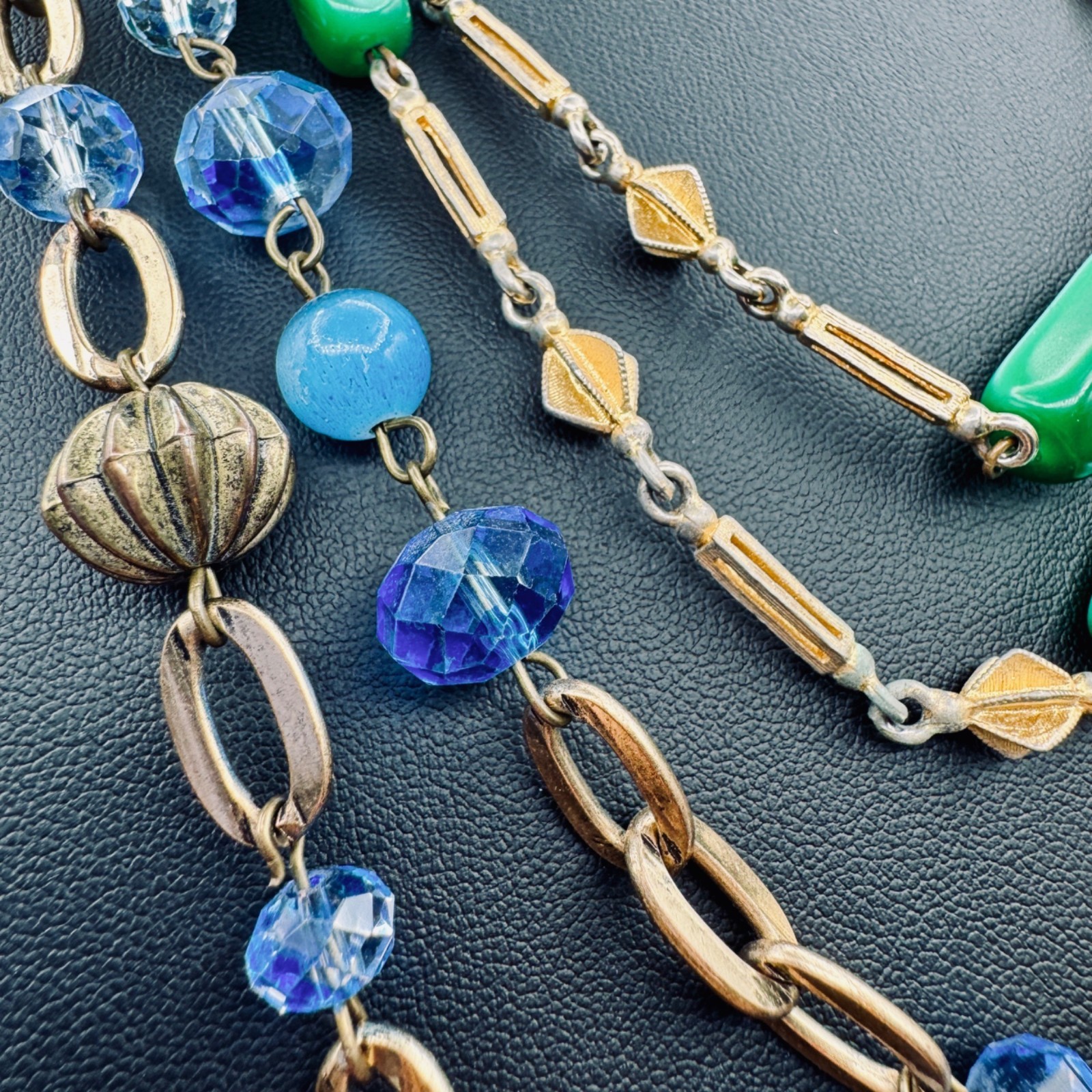 Vintage Station Bead Long Necklaces Green Blue Glass Beads Gold Tone 36″ 48″ 60s