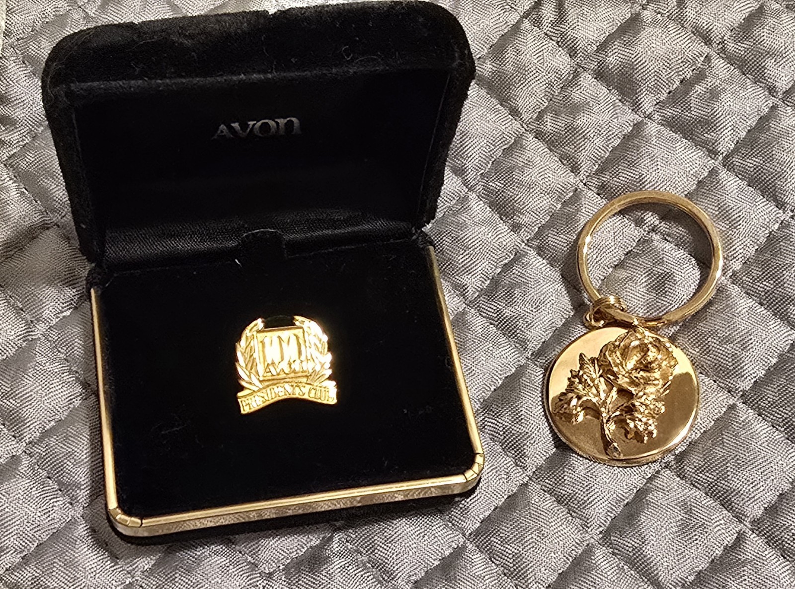 Avon 100 Year Anniversary 1986 Lot: Gold Jewelry Box, Rose Keychain, Brooch, Pin