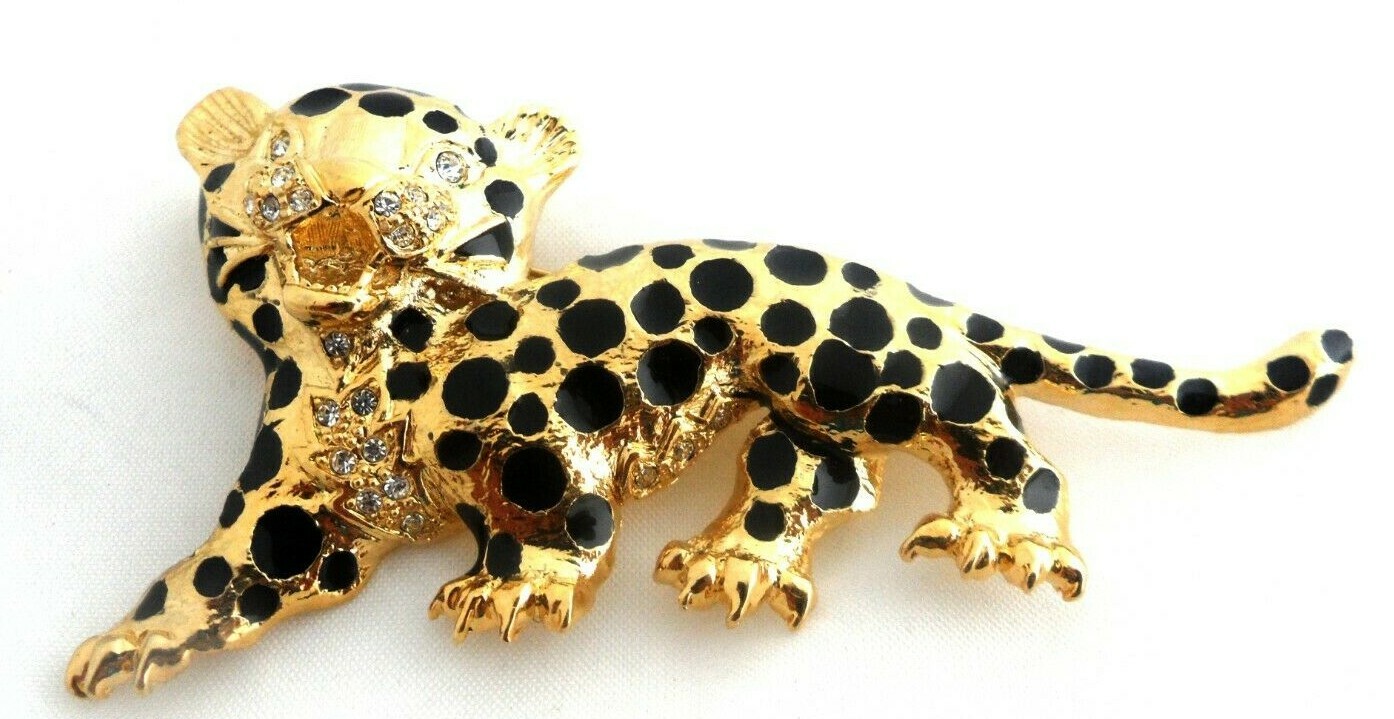 Animal Cub Brooch Cheetah Jaguar Leopard Black Enamel Rhinestone Figural Pin