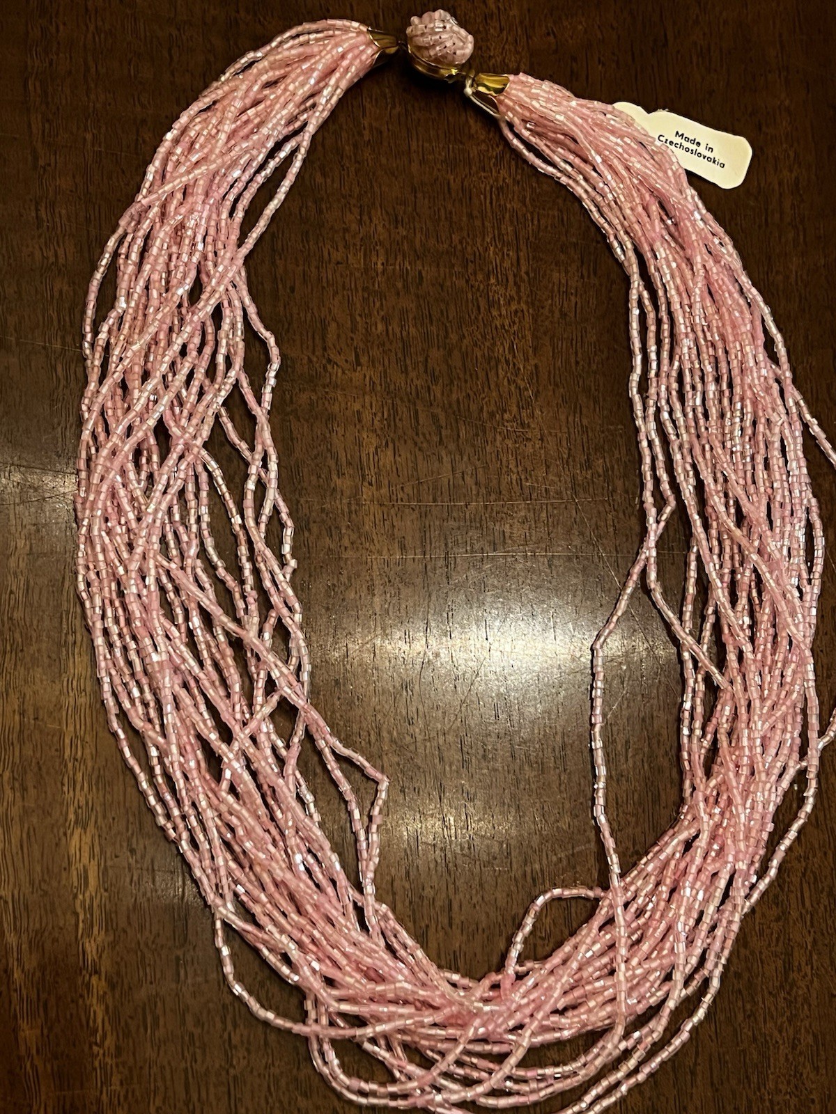 Vintage Czech Pink Glass Multi Strand Necklace Gold Tone NWT Nice!