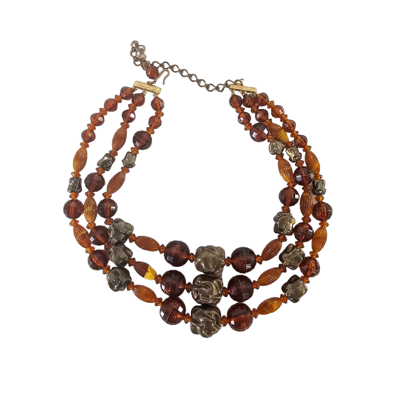 VTG 3-Strand Amber Color Bronze Bead Necklace Lucite & Glass Jewelry 14″