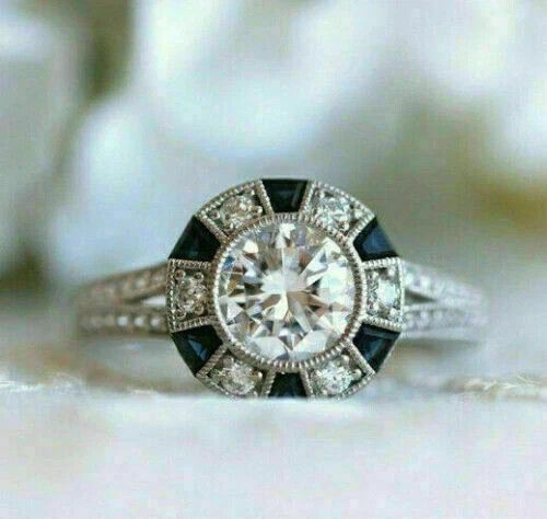Art Deco Round Lab Created Diamond & Sapphire Wedding 14K White Gold Finish Ring