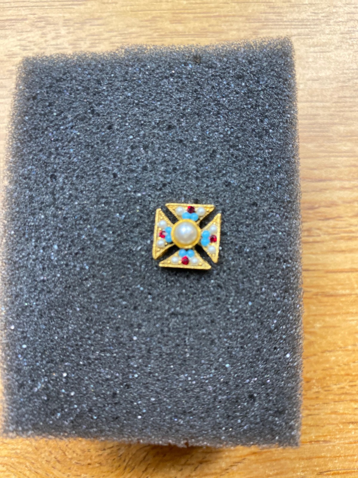 Small Jeweled Gold Tone Iron Cross Pin