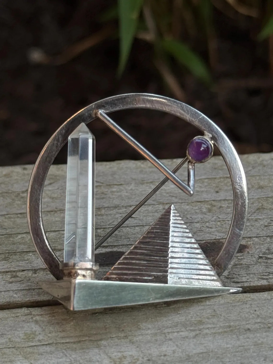 Artisan vintage brooch 925 sterling silver Bergkristall Amethyst