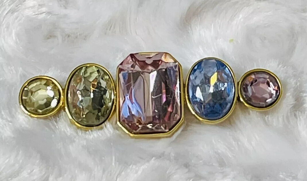 VTG TAT BAR BROOCH ART GLASS HANDMADE SIGNED FACETED STONES GOLD TONE BRILLIANT