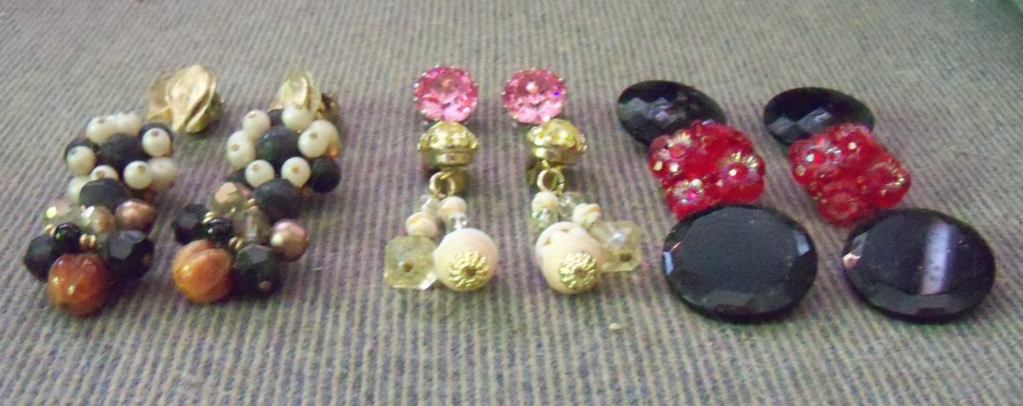 West Germany Vintage Jewelry 8 Earring Pairs Rhinestone Faux Pearl-Glass-Plastic
