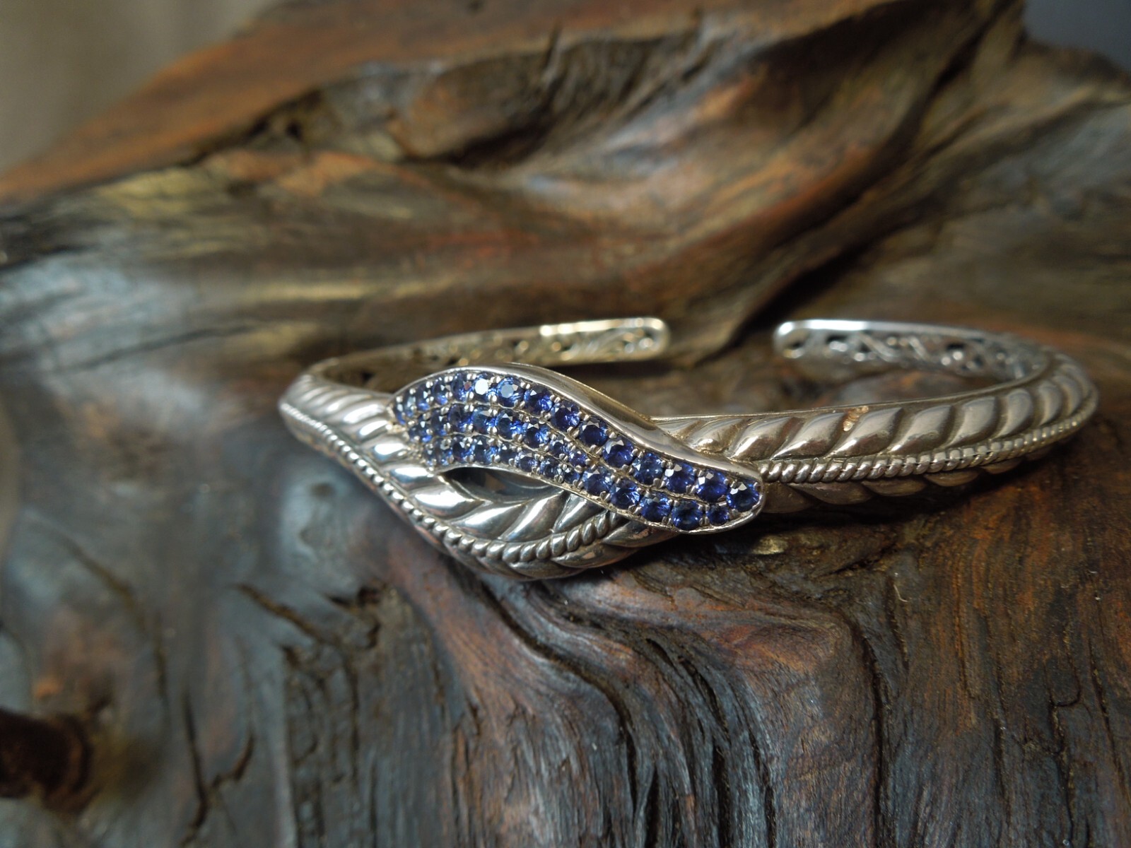 Vintage Robert Manse M ID 925 Sterling Silver Sapphire Hinged Cuff Bracelet