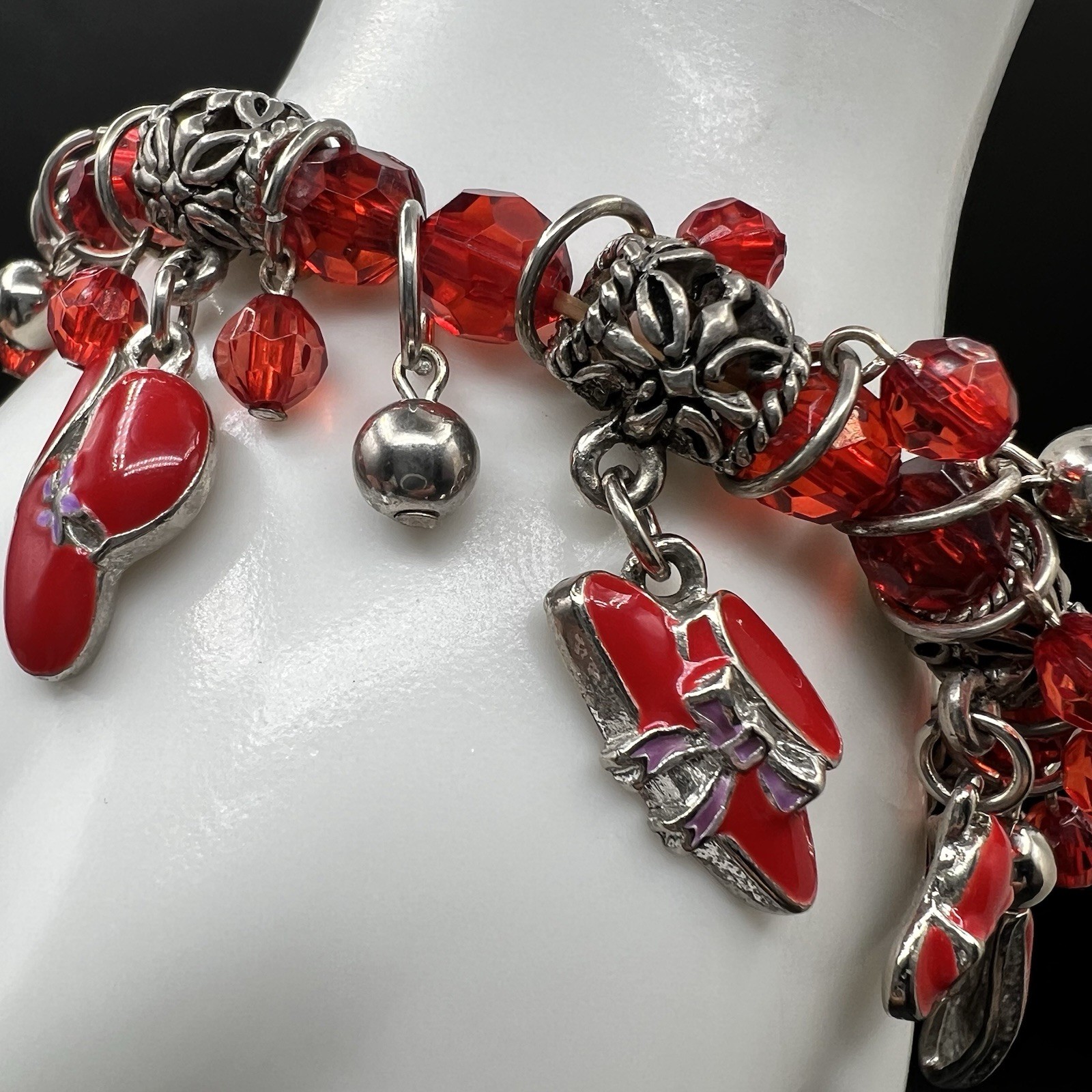 Vintage Dangle Charm Bracelet Red Enamel Hat Charms Filigree Spacer Beads