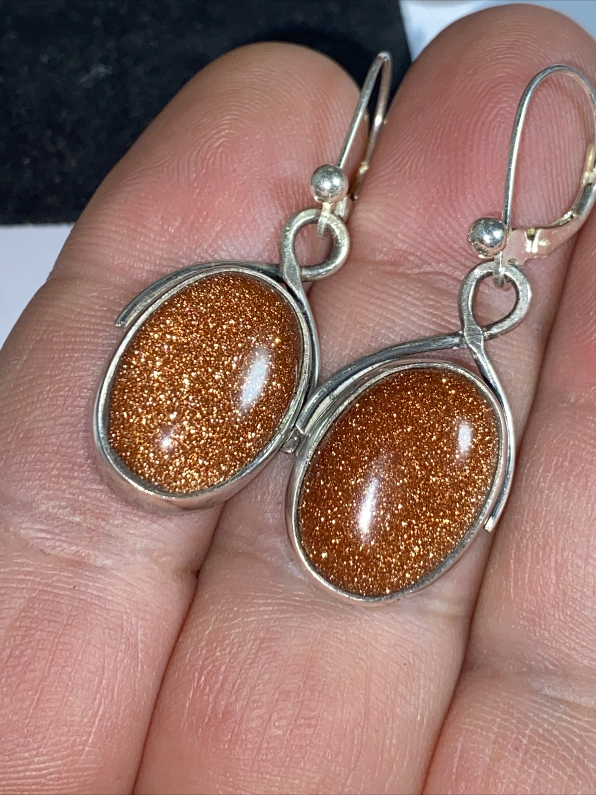 Earrings Pierced Hanging Big Sparkling Goldstones Cabs Sterling Silver LeverBack