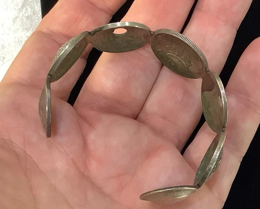 Vintage Real Antique Coin Cuff Bracelet 1921 To 1941 Great Britain French Silver