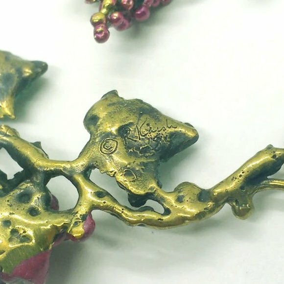 Richard Kaish Purple Green Bronze Wine Grape Vine Necklace Brooch Earrings Set