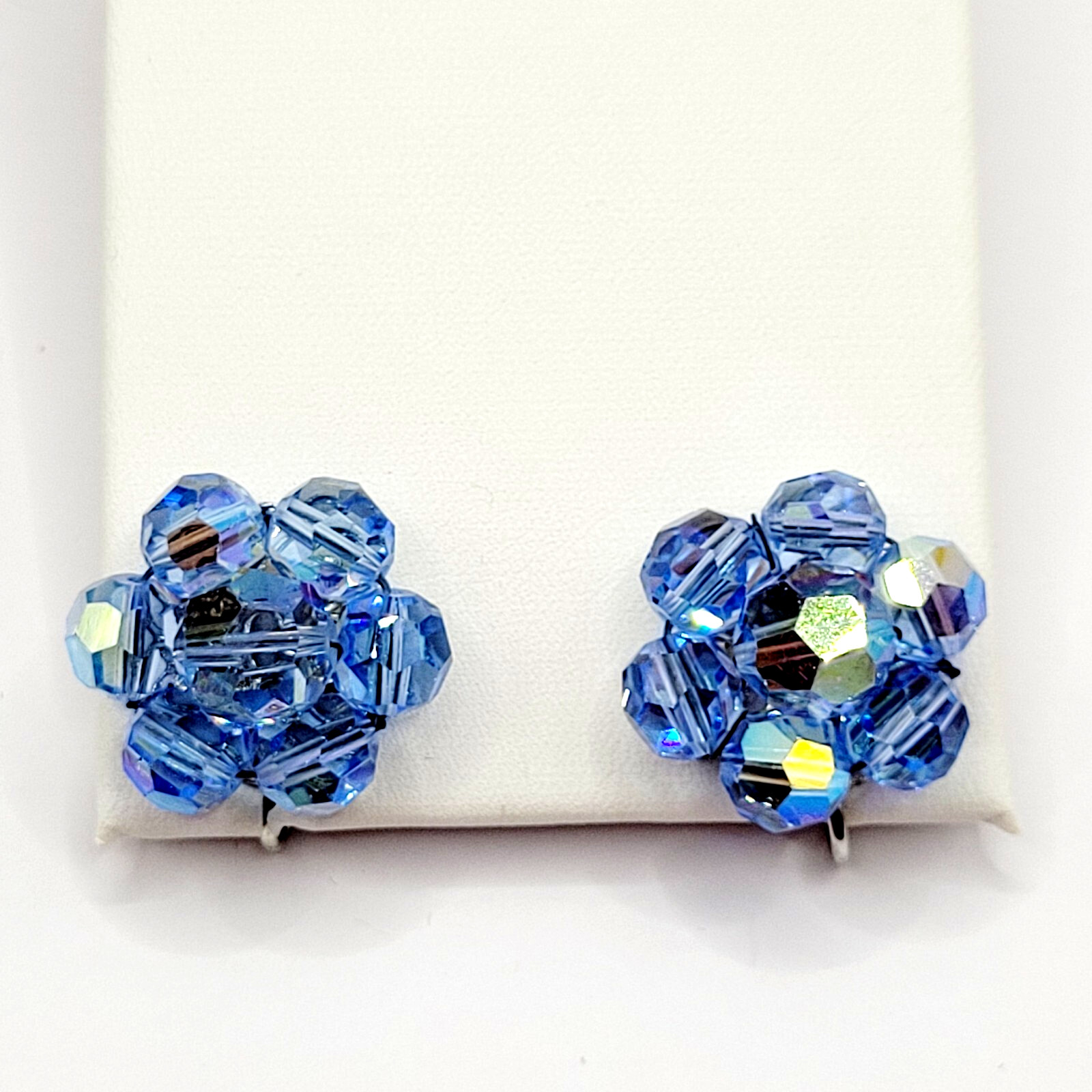 Light Blue Faceted Crystal Bead Cluster Sparkling Fancy Vintage Clip On Earrings