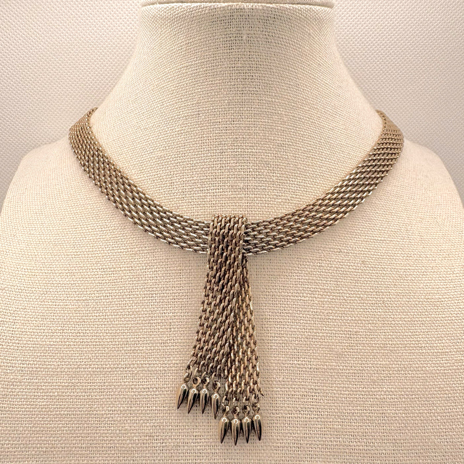 Vintage Woven Gold Tone Mesh Tie Collar Choker Necklace Tassel Drop Spike Fringe